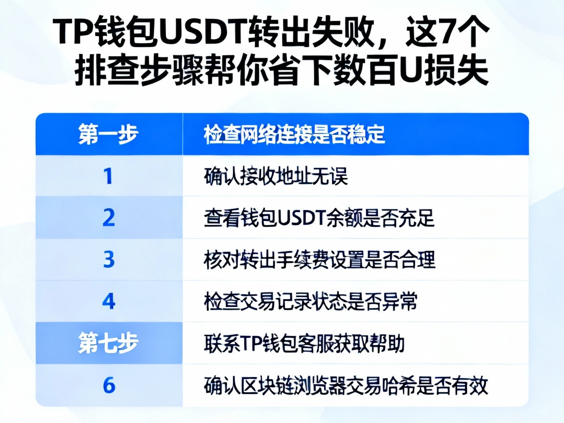 TP钱包USDT转出失败，这7个排查步骤帮你省下数百U损失
